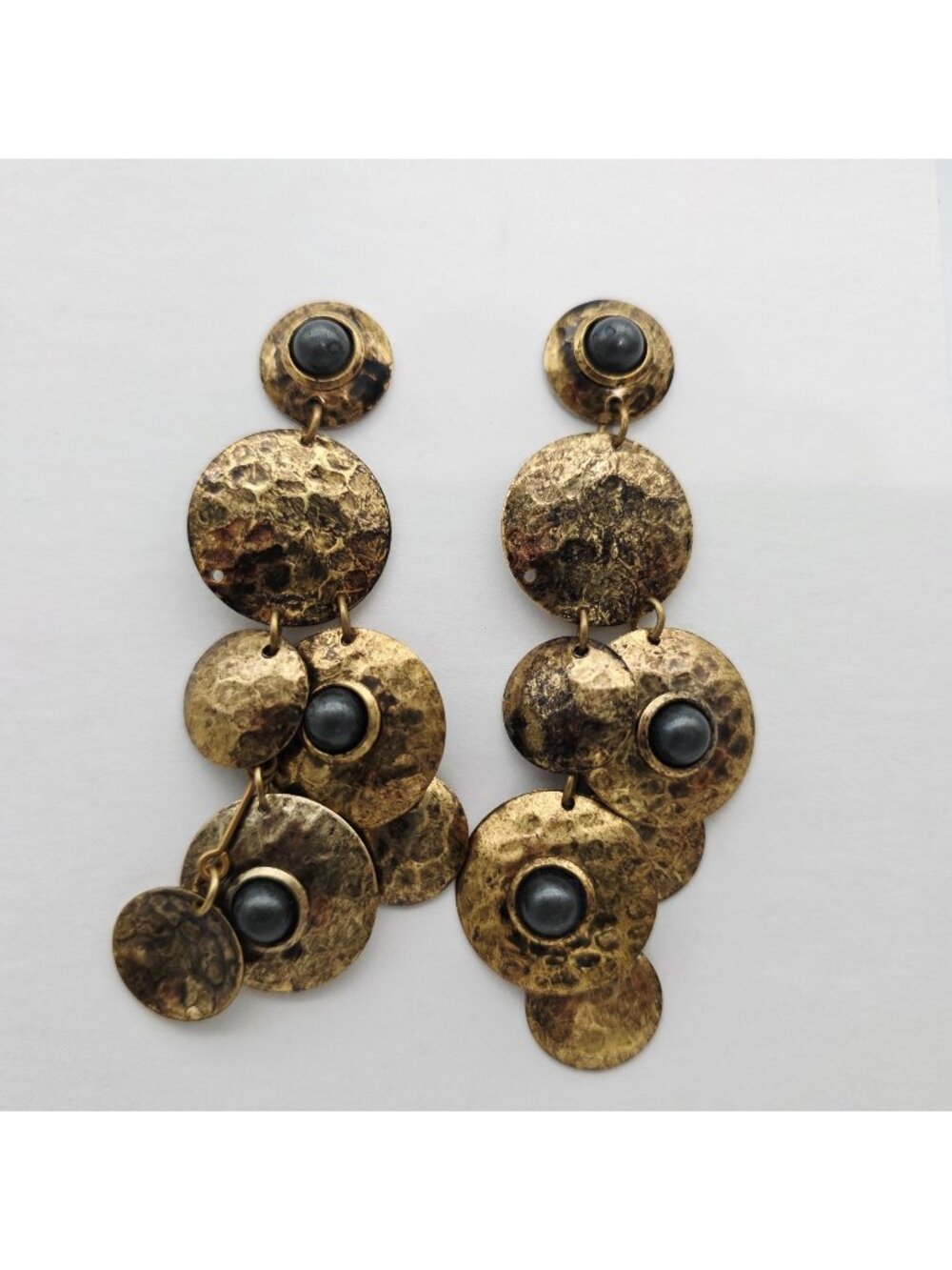 Hammered Gold-Tone Dangle Earrings With Black Bead Accents 4" Drop